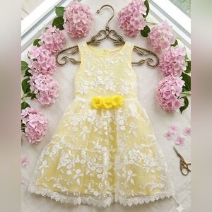 Think Pink Organza White Embroidered Lace Dress w/Yellow Lining, S-7, NWT